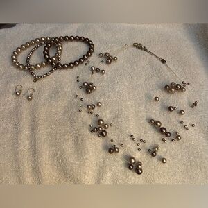 Worthington Floating Pearl Necklace with earrings and 3 stretch bracelets.